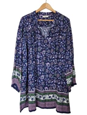 Natural Life Dara Tunic Mini Dress Long Sleeve Floral Boho Tassels Blue XL